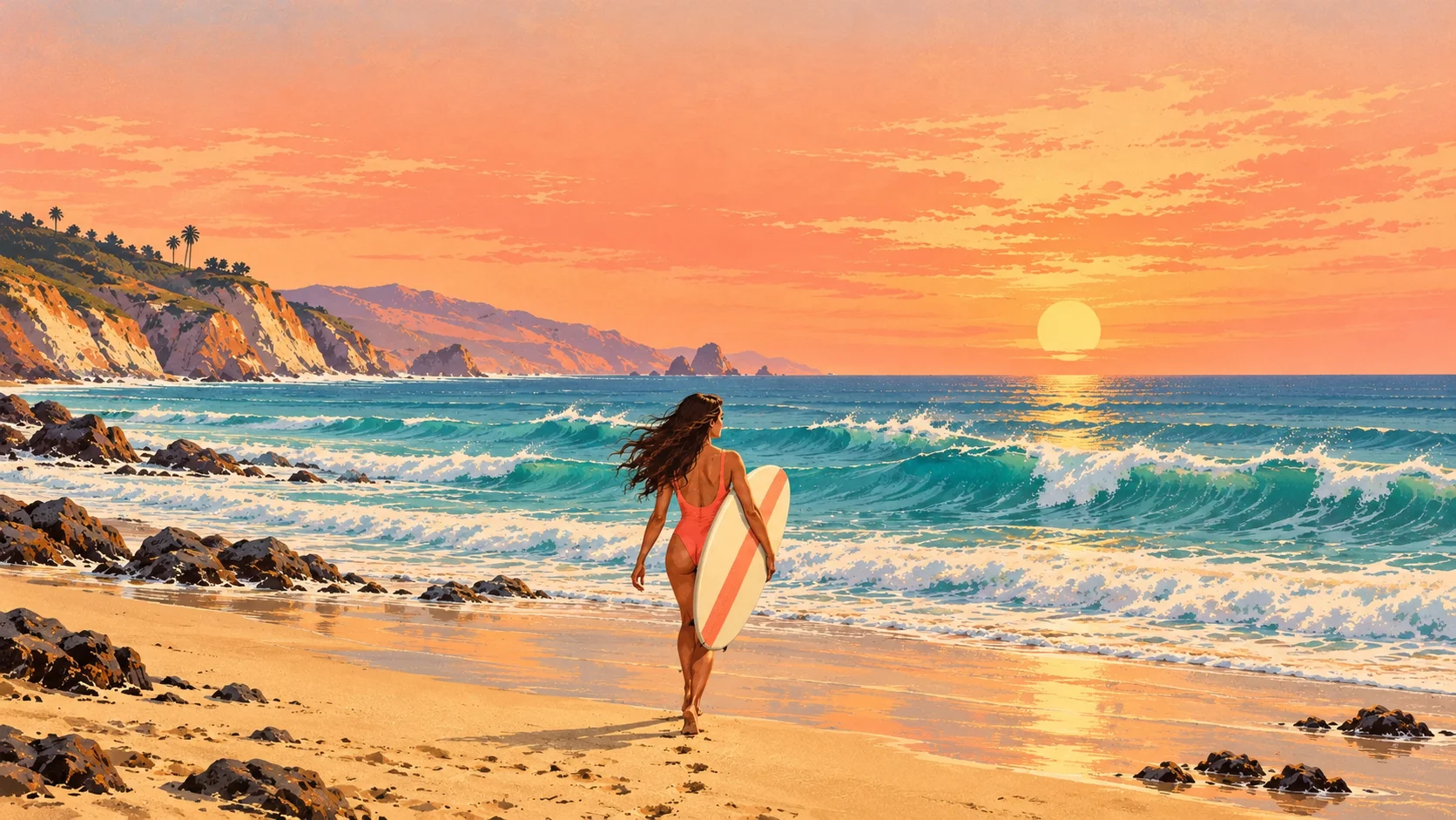 A surfer walking toward the ocean at sunset.
